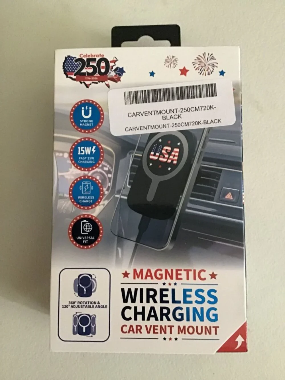 Magnetic Wireless Car Charger Vent Mount Fast Charging Patriotic 250 Years New!